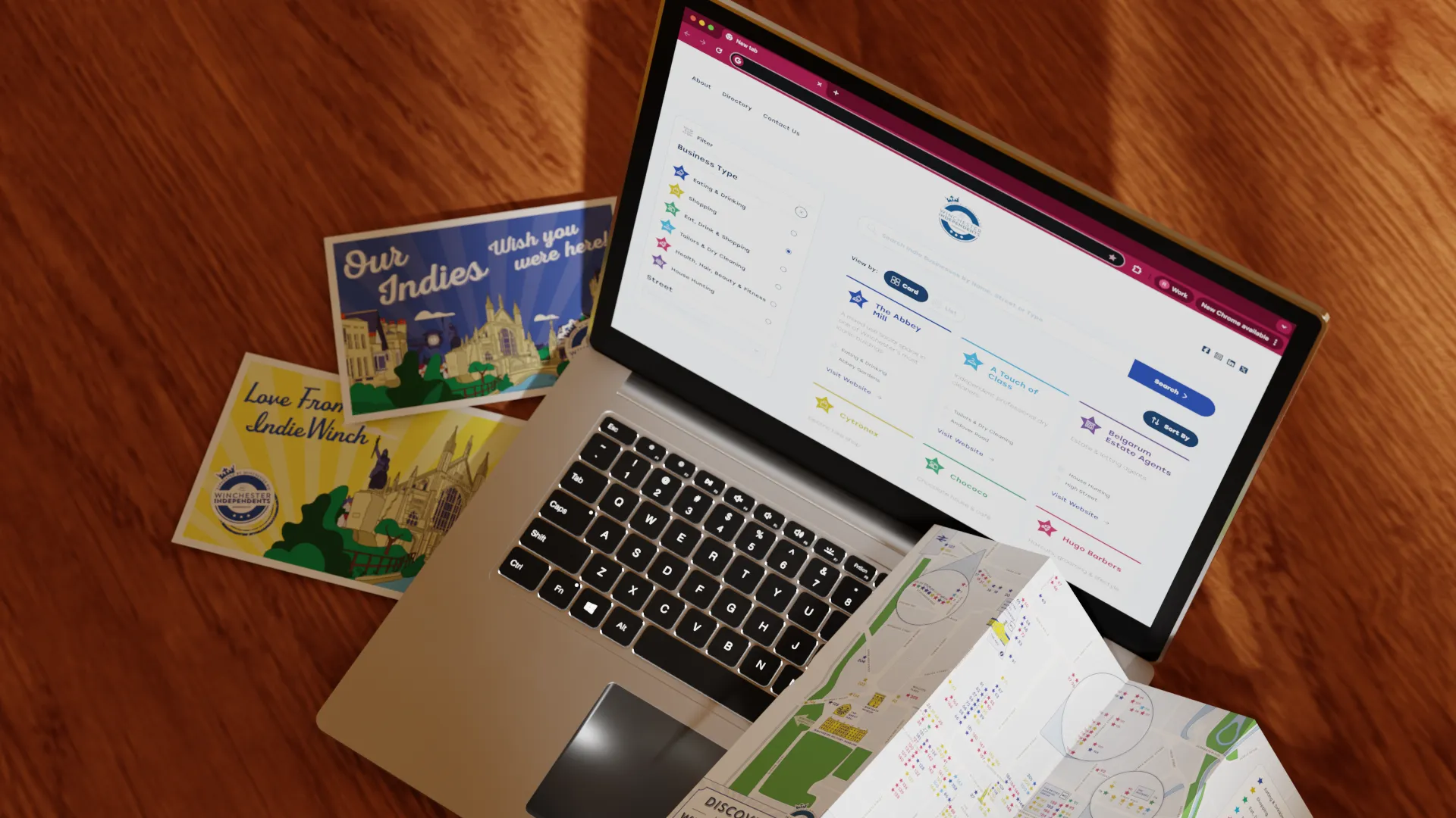 a printed map and postcards for indie winchester